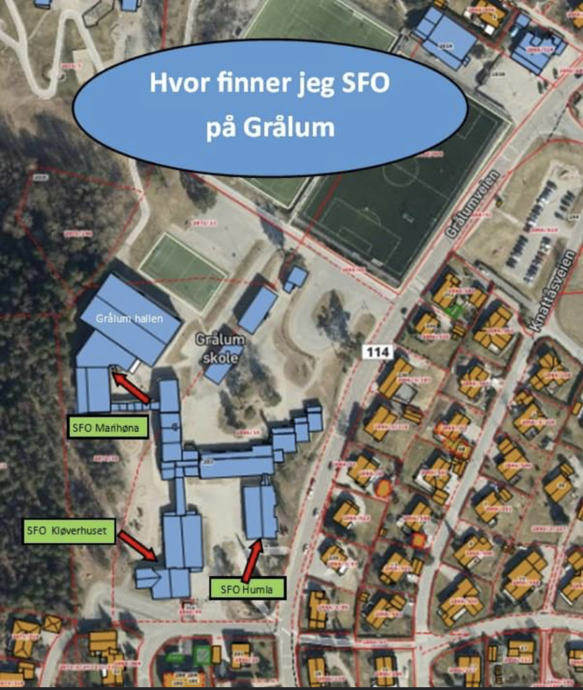 Bilde som viser hvor de ulike SFO-avdelingene ved Grålum barneskole er plassert.