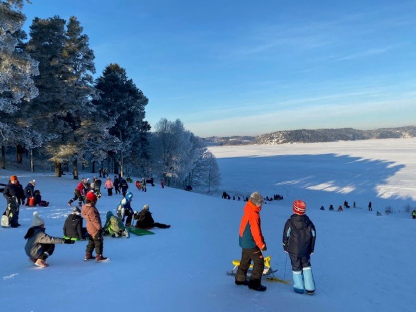 barn aker i snøen