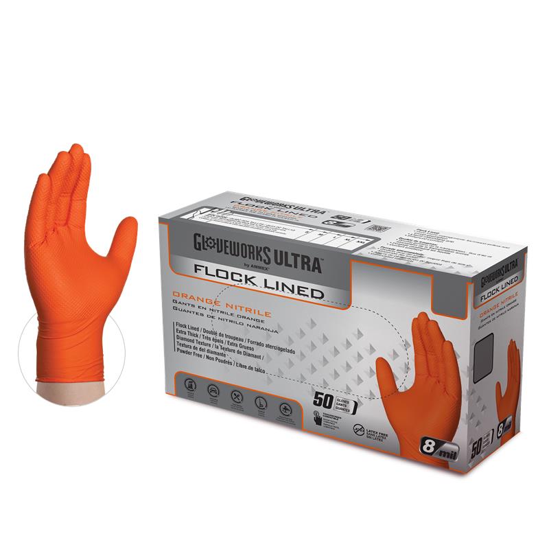 Gloveworks GWUOFN46050 - Ultra Flock-Lined Orange Nitrile