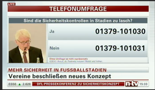 Zu medienpolitischen Dokumentationszwecken: n-tv zur PK der DFL "Sicheres Stadionerlebnis" Screenshot: SPNU, Programm n-TV