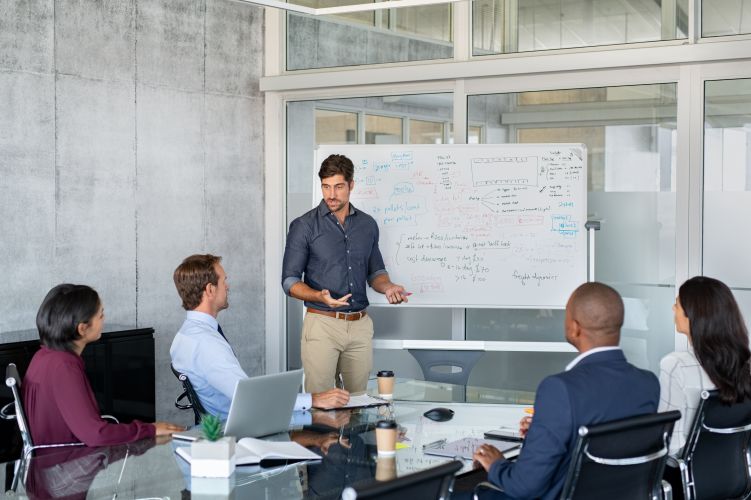Leader giving presentation to business partners business advisory services - business adviser presenting to business - Succession Plus
