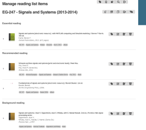 The course reading list as it appears in the admin screen on iFind Reading