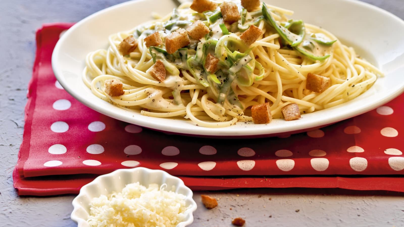 Spaghetti mit Lauch-Käsesauce und Croûtons - Rezept | Swissmilk