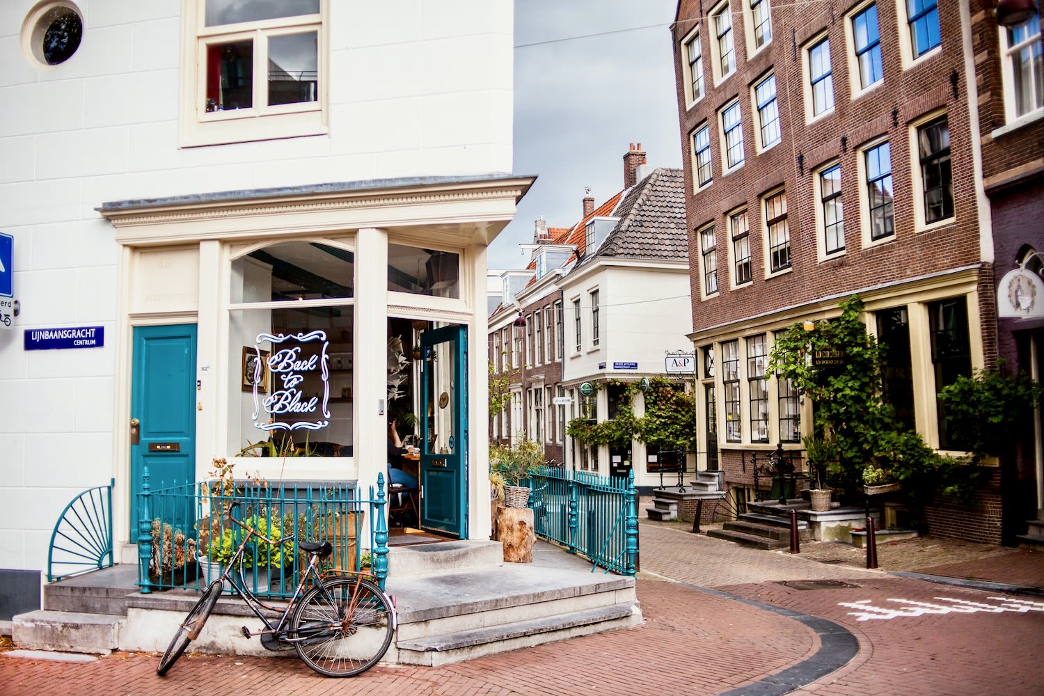 Cute Amsterdam coffee house and café has quintessential Dutch design with bicycle