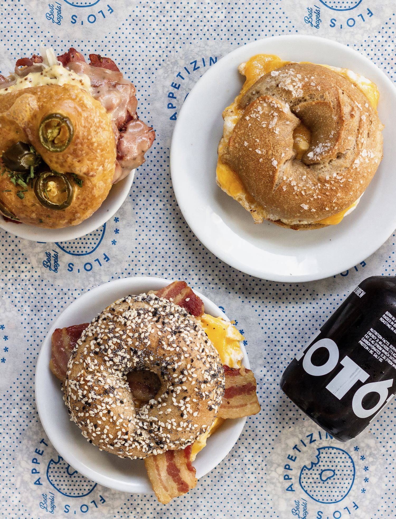 Everything bagel with bacon and egg from Amsterdam bagel store Flo's with LOT61 coffee cold brew