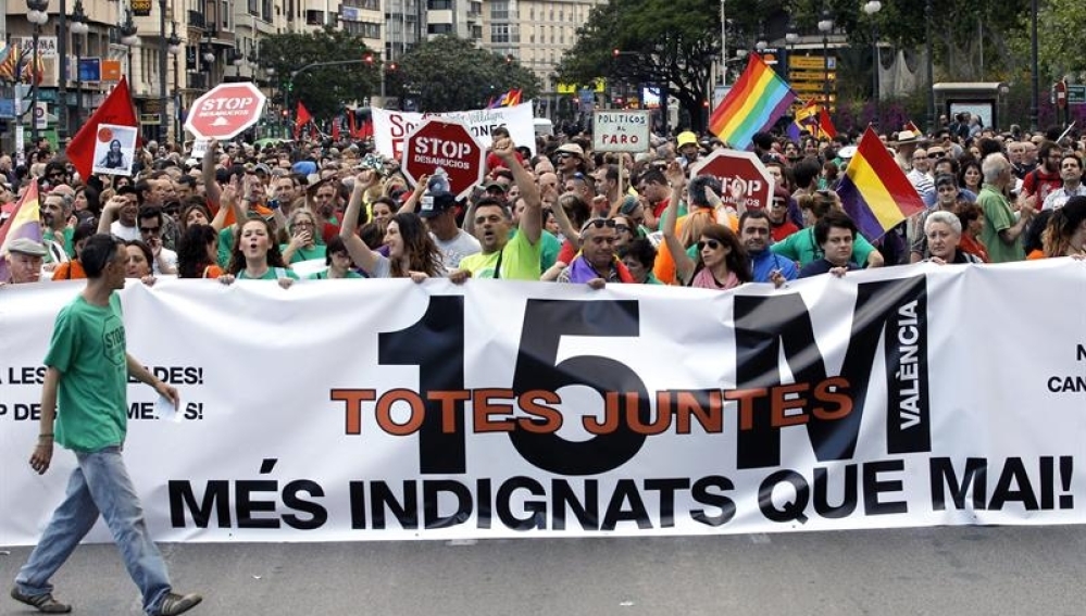 Protesters gather for Movimiento 15-M, a Spanish anti-austerity movement.