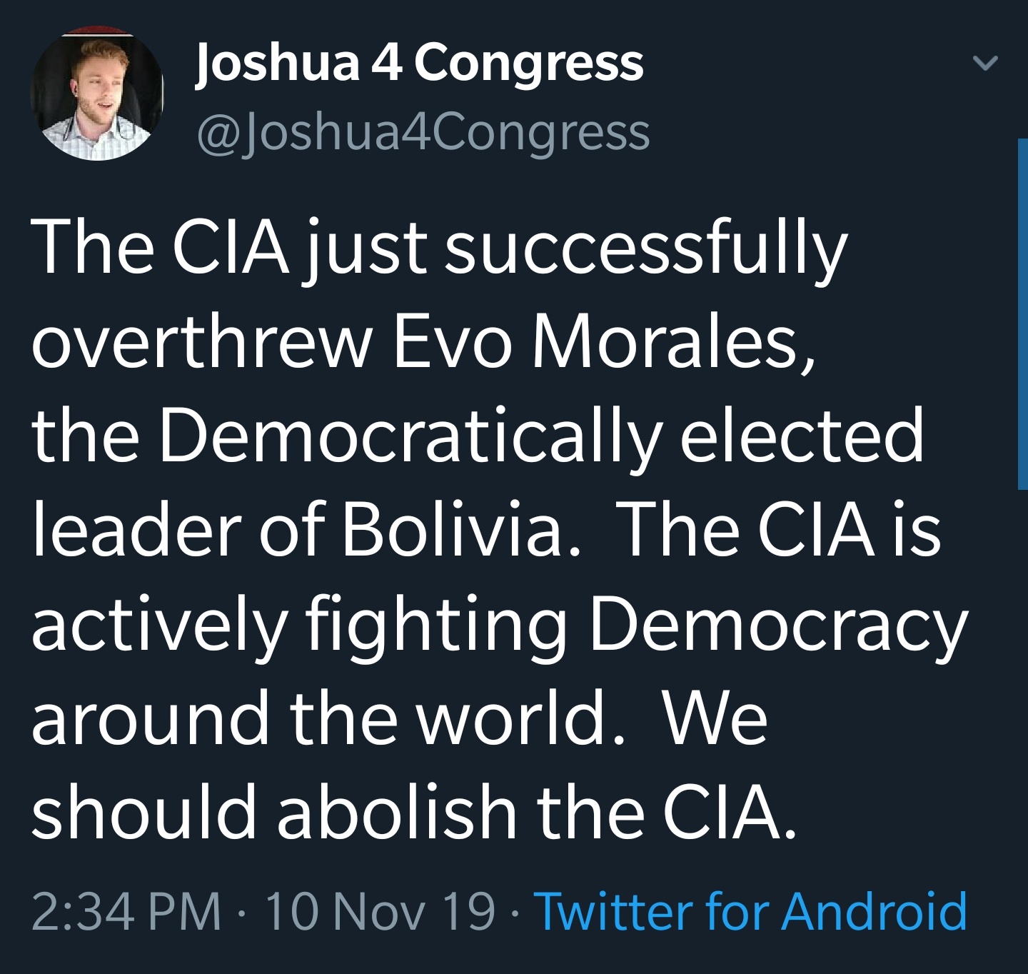 Tweet where Joshua Collins calls to abolish the CIA