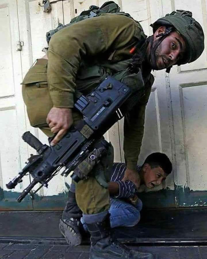 Israeli soldier detains Palestinian child.