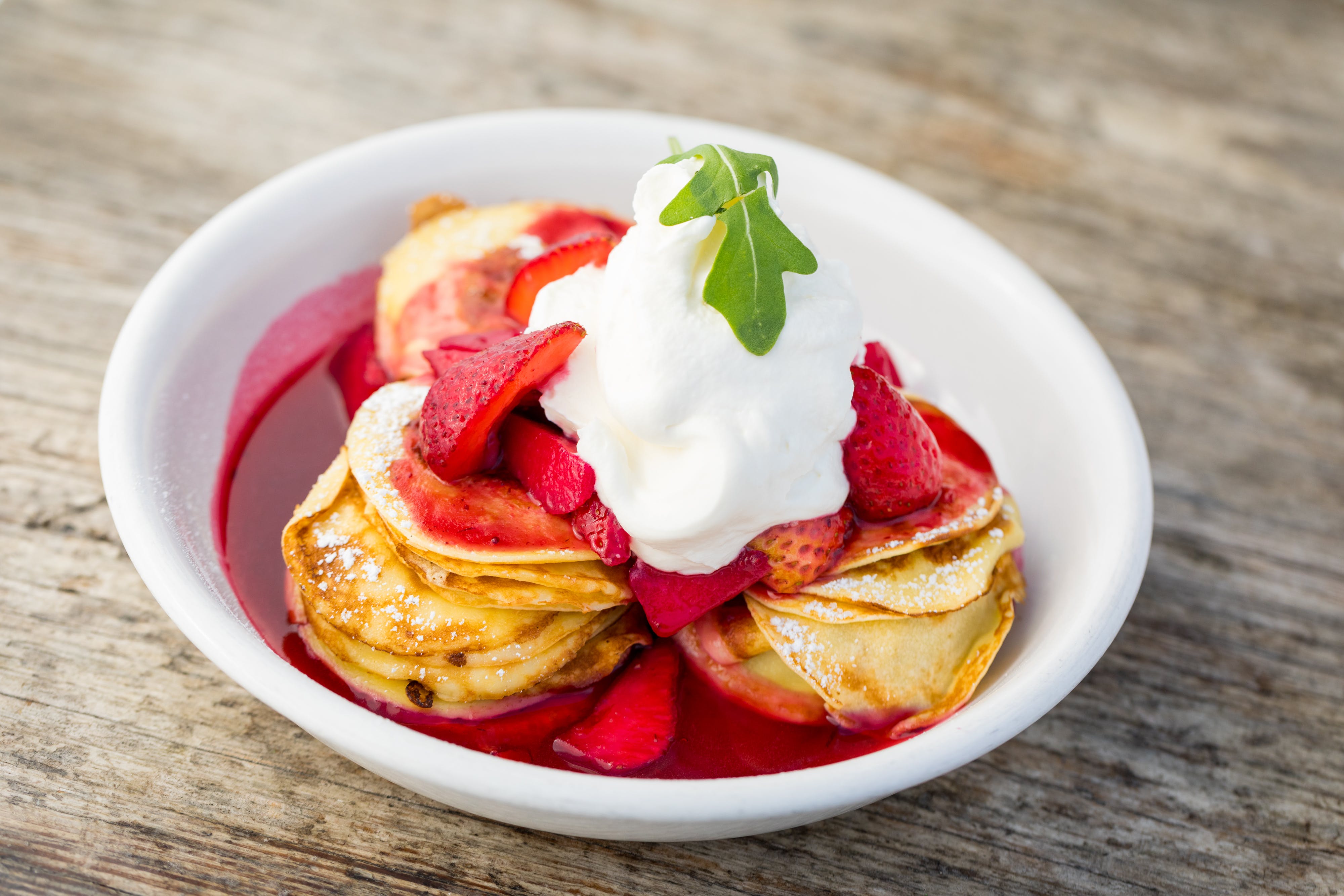Swedish Mini Pancakes with cream and berries, Malibu Farm