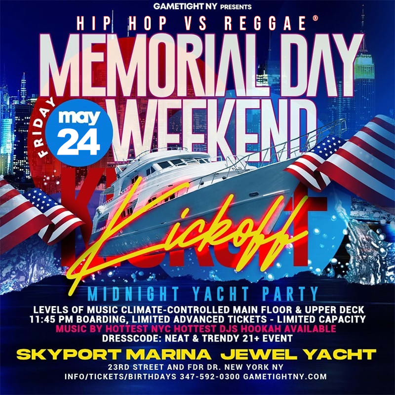 Memorial Day Weekend Friday HipHop vs. Reggae® Jewel Yacht party cruise  Tickets Boletos at Skyport Marina Jewel