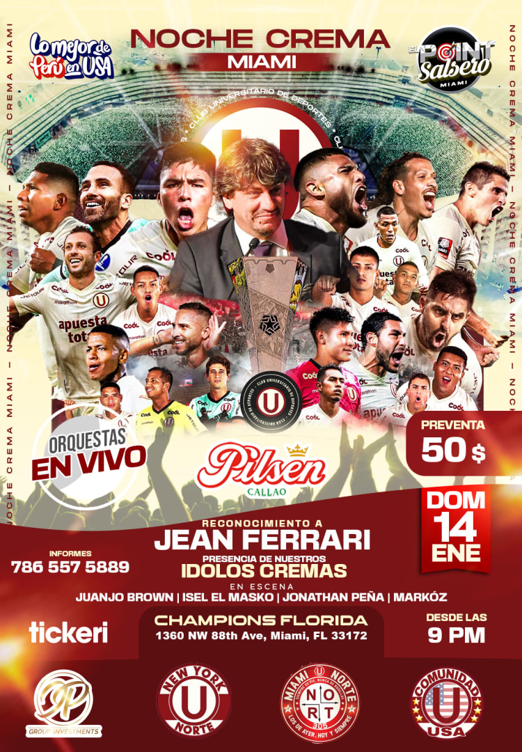 NOCHE CREMA MIAMI Tickets Boletos at Champions Florida Sport Bar