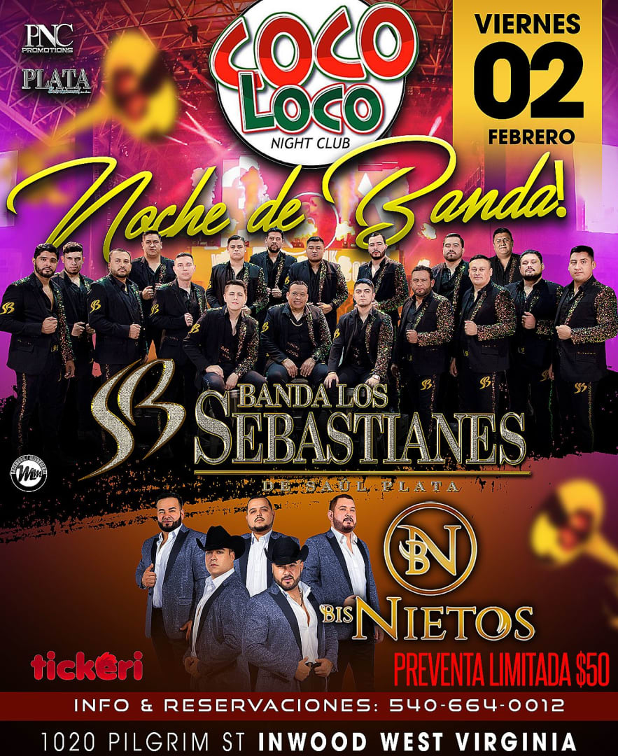 BANDA SEBASTIANES VIERNES 2 DE FEBRERO EN COCO LOCO DE WEST VIRGINIA Tickets Boletos at Coco
