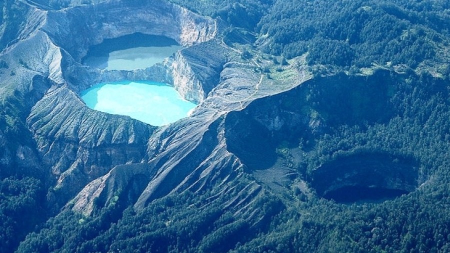 Kelimutu Three Colored Crater Lakes from the Air