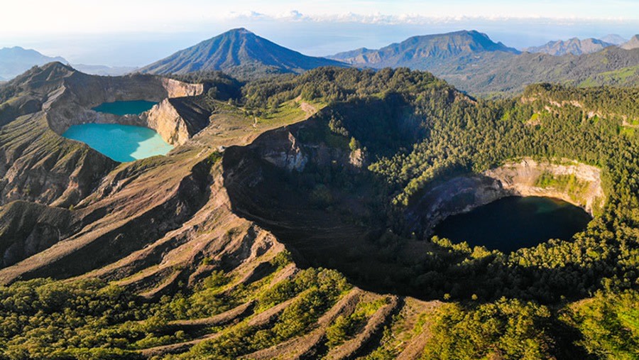 Kelimutu Three Colored Crater Lakes from the Air