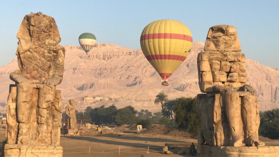 Explore the Colossi of Memnon from an aerial view