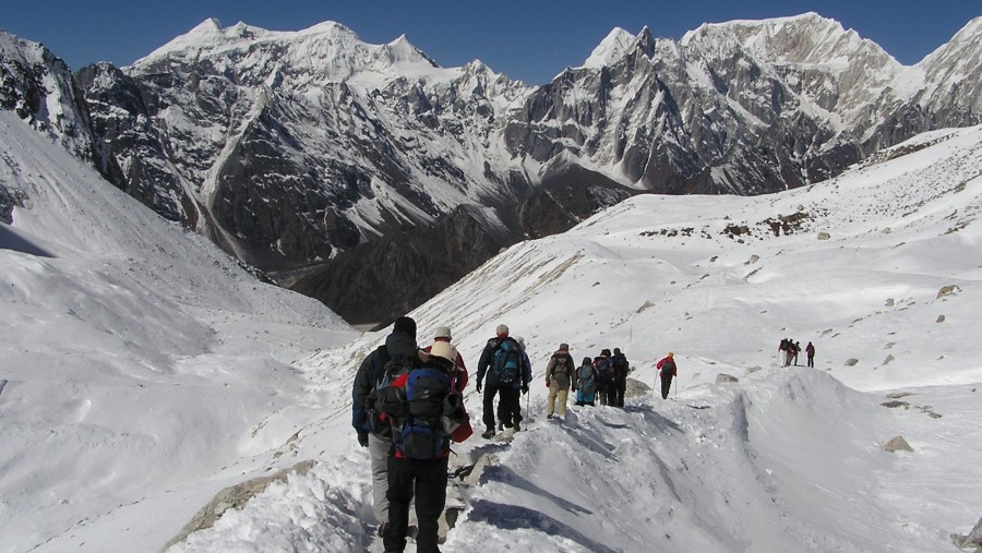 Trekkers crossing Larke La Pass