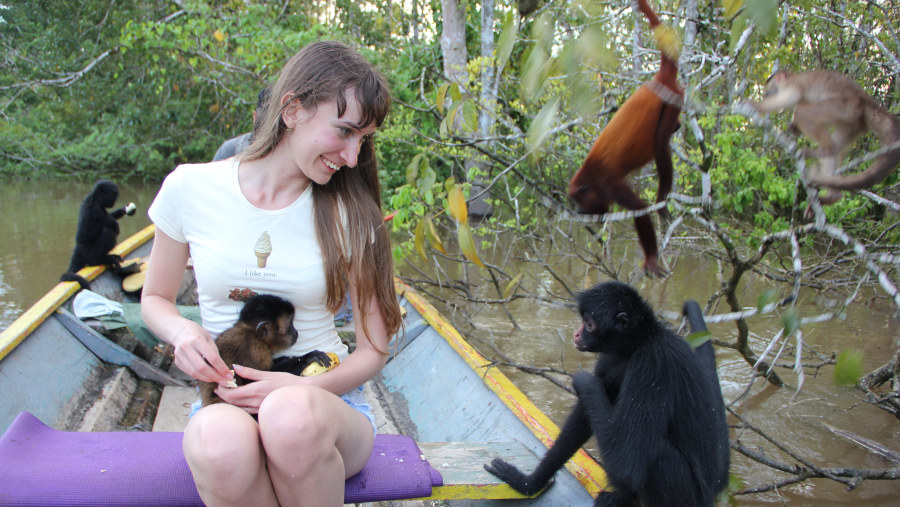 Traveller interacting with wildlife  while on a boating experience