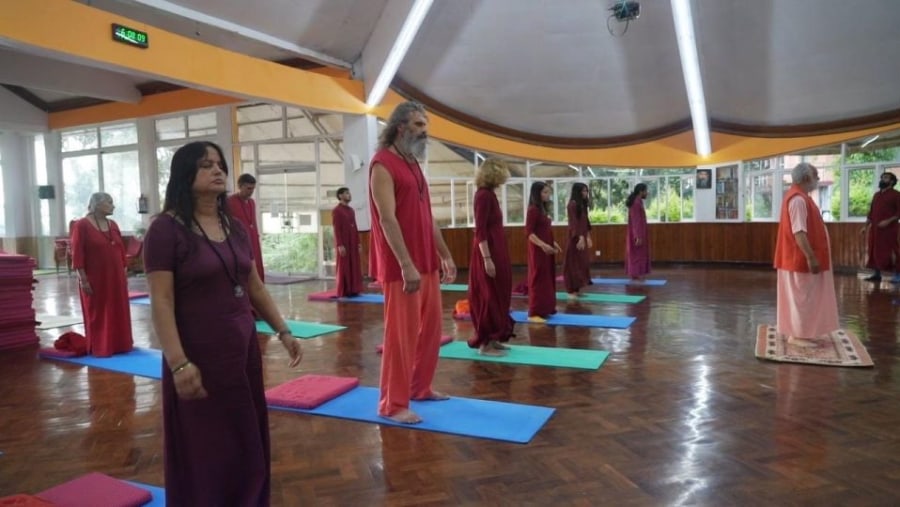 Travellers practicing yoga in Kathmandu