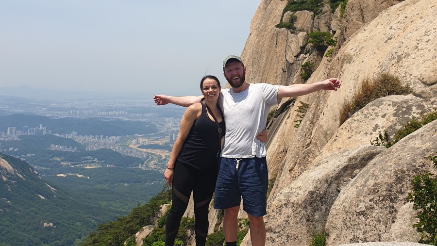 Happy tourists on  Bukhansan Mountain hike