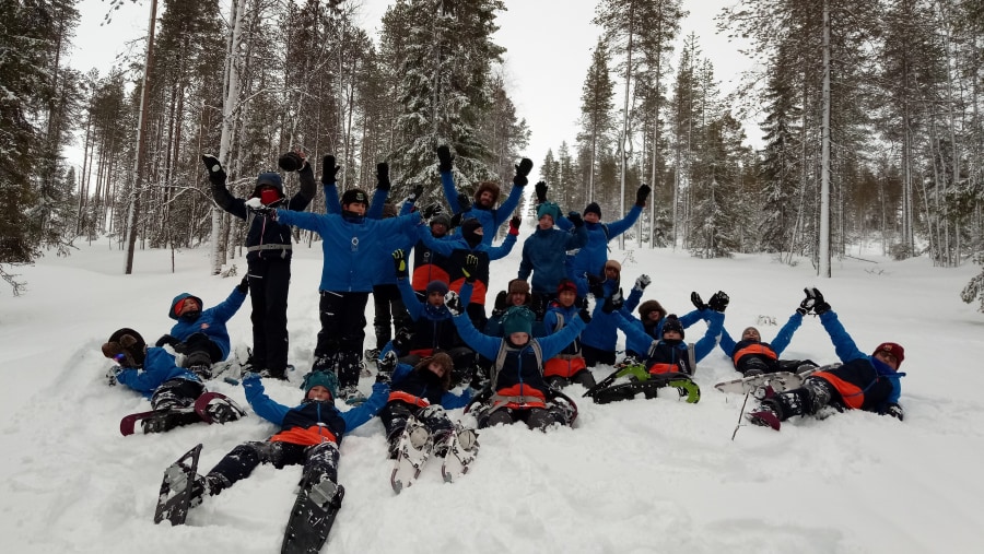 School camp children on their snowshoeing adventure