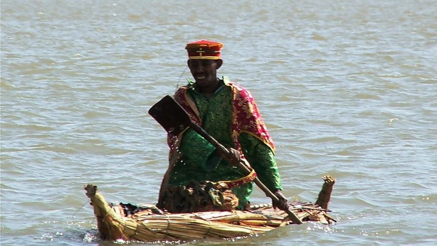 Rowing a reed boat in Lake Tana
