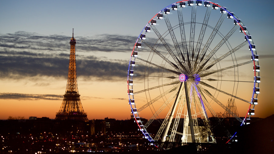 Eiffel Tower and Paris Eye by night