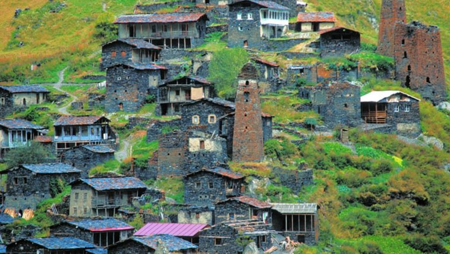 View of the beautiful Dochu village in Tusheti