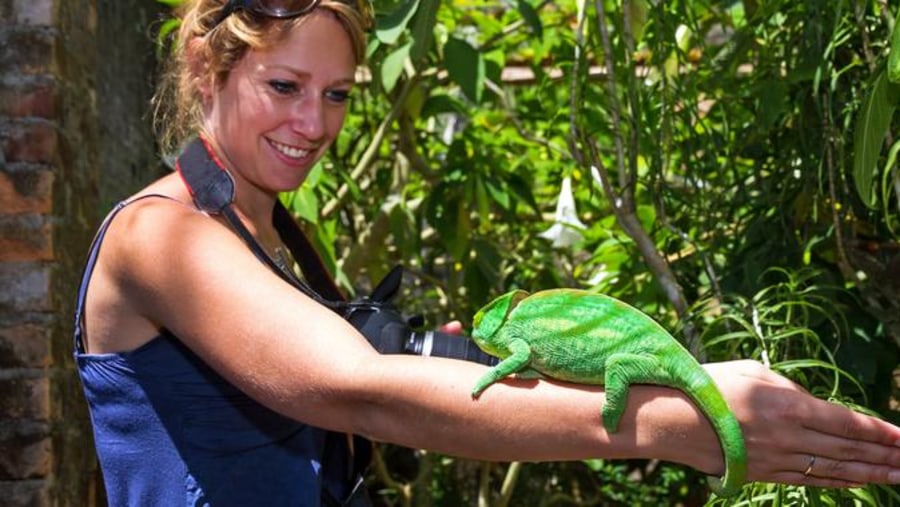 Tourist at National Park with chameleon