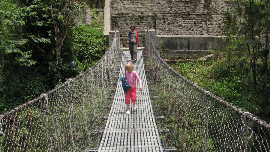 crossing thye bridge in Annapurna trekking