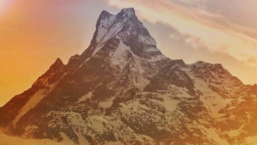 Sunset view seen from Ghandruk on the Mt. Fishtail(6,997m.), also known as holy, sacred, and virgin mountains because no one is on the top of this mountains.