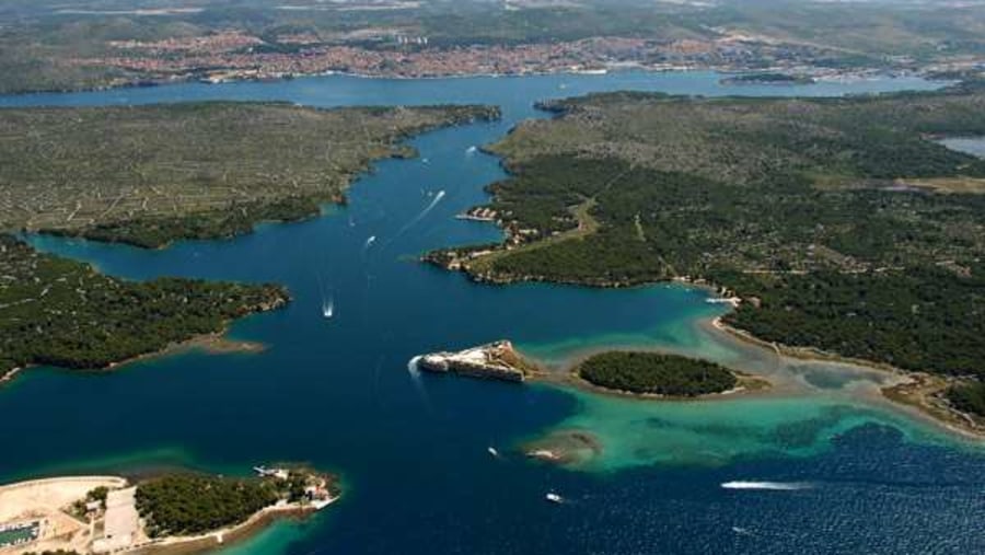 Aerial view of the Sibenik channel and the fortress