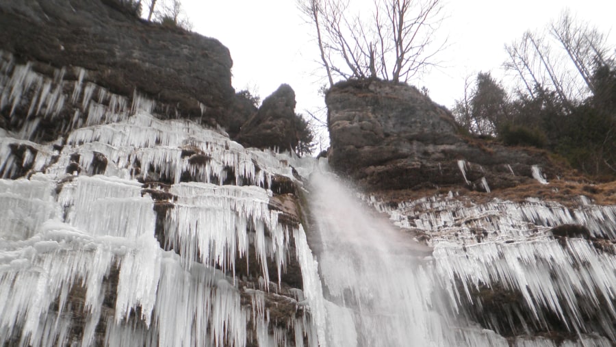 View on the huge icicles of the Waterfall