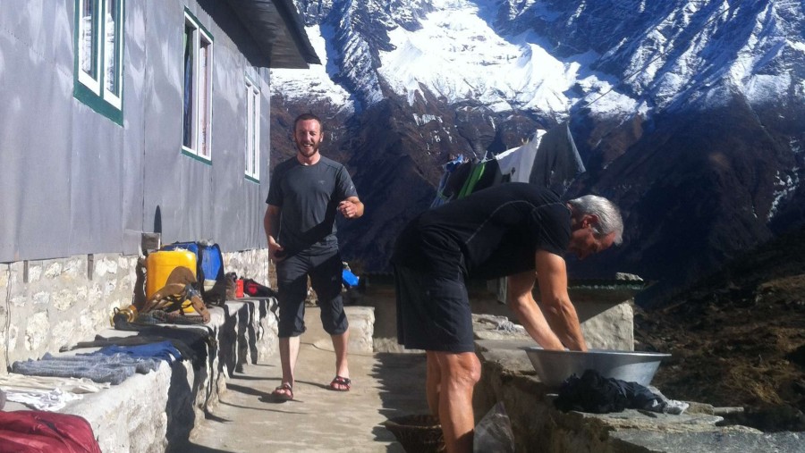 Trekkers are washing there trekking gear rest of the day in Khumjung  village as well as enjoy the view.... 