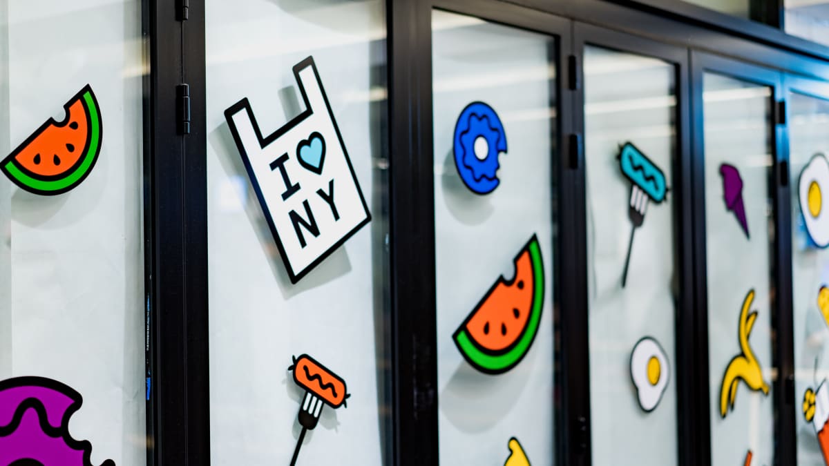 I Love New York and miscellaneous items window stickers.