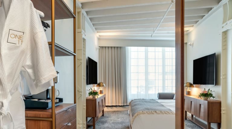 Picture of guest room with bathroom vanity and shower, closet, and bedroom with king size bed and window.