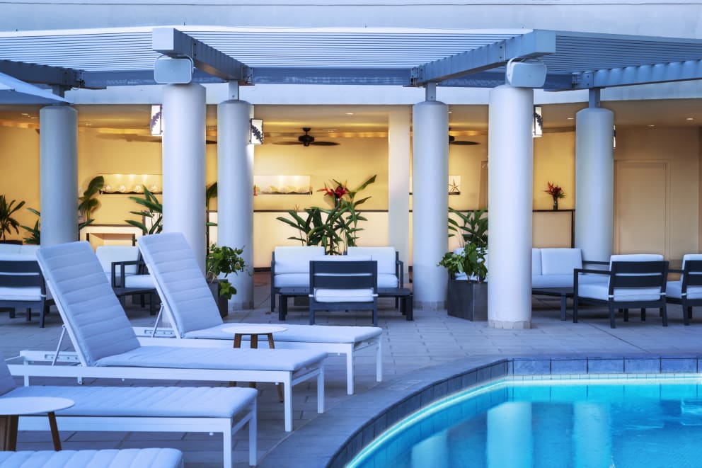 All-new pool deck and reception at dusk All-new pool deck and reception at dusk