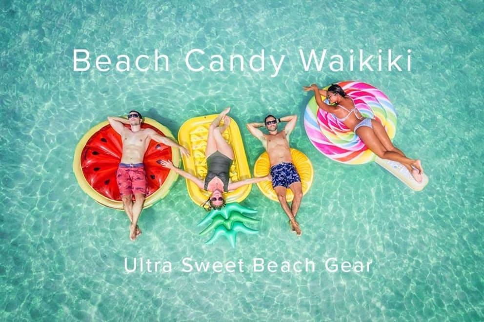 beach candy swimmers floating on colorful tubes