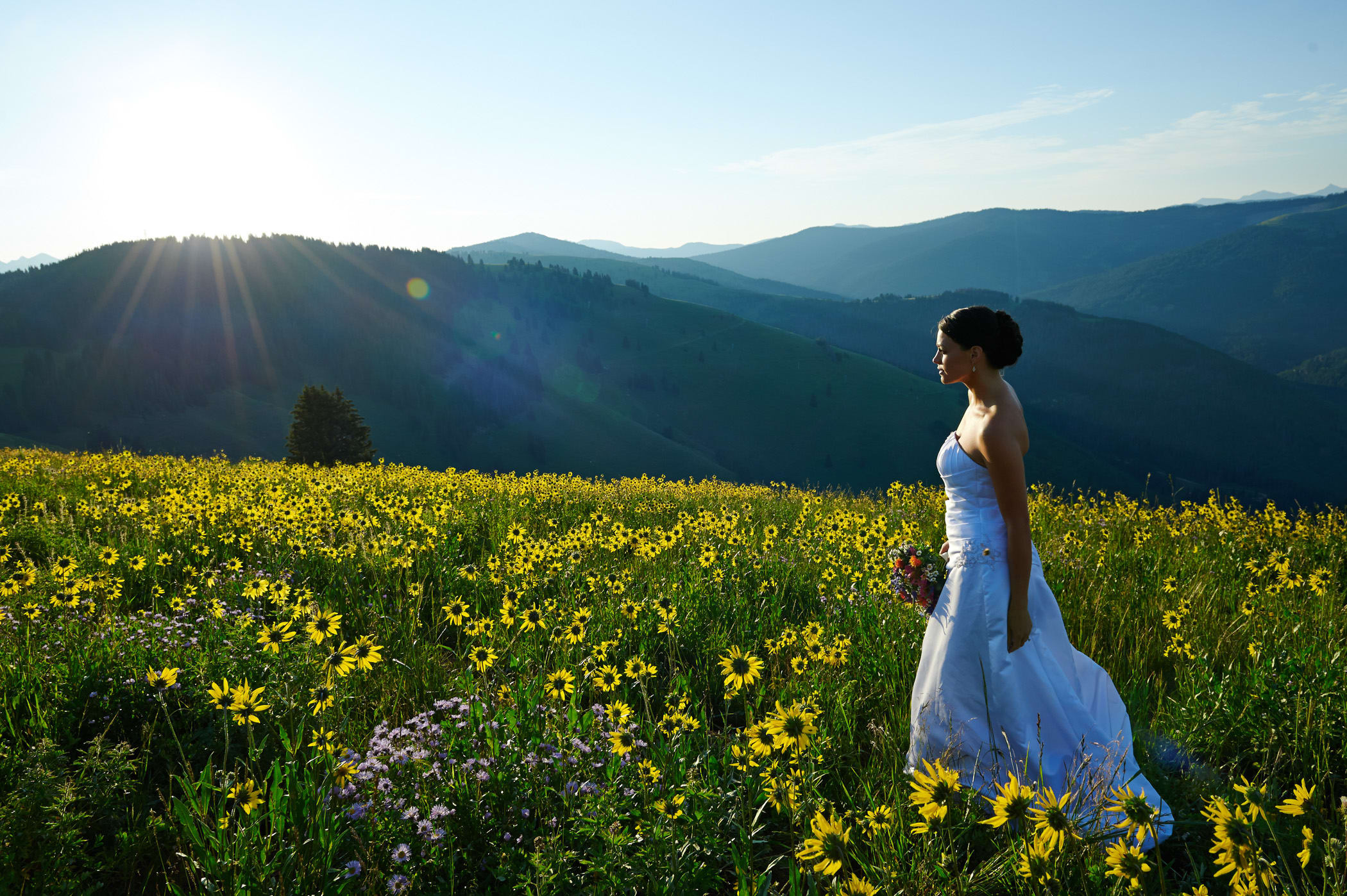 bride walking in field
