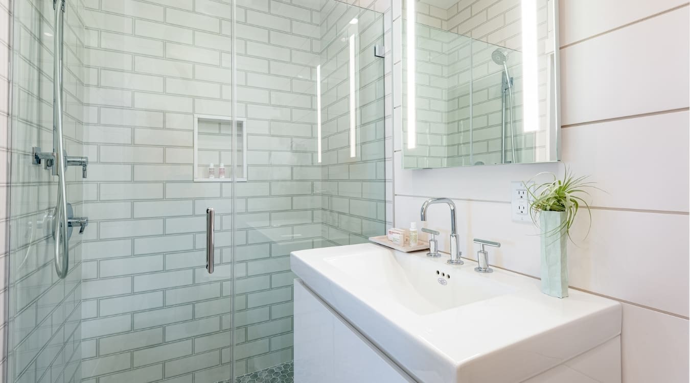 Chapman Queen Deluxe bathroom sink and glass shower door.
