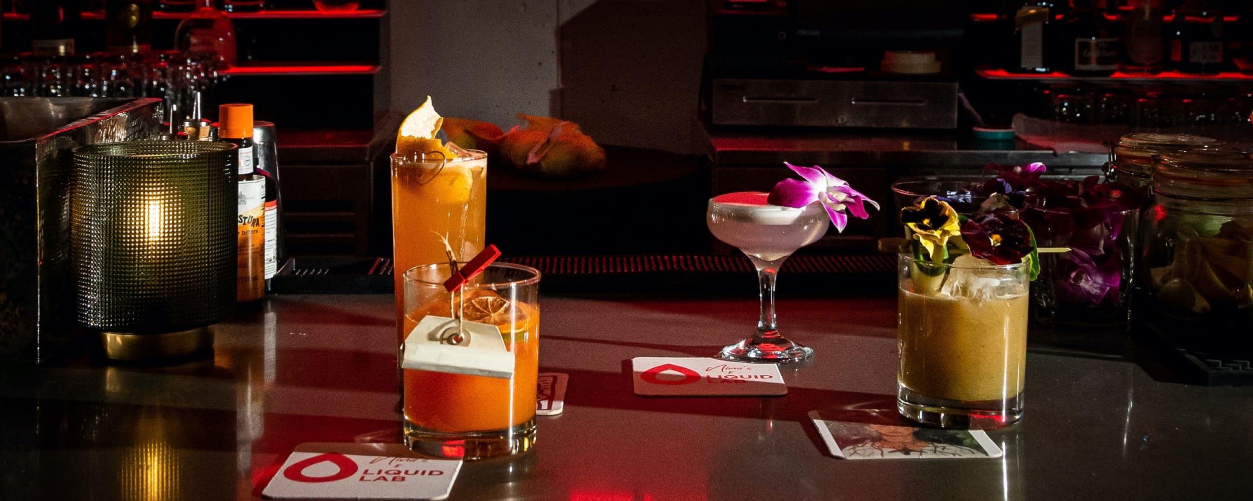 mixed drinks on a bar