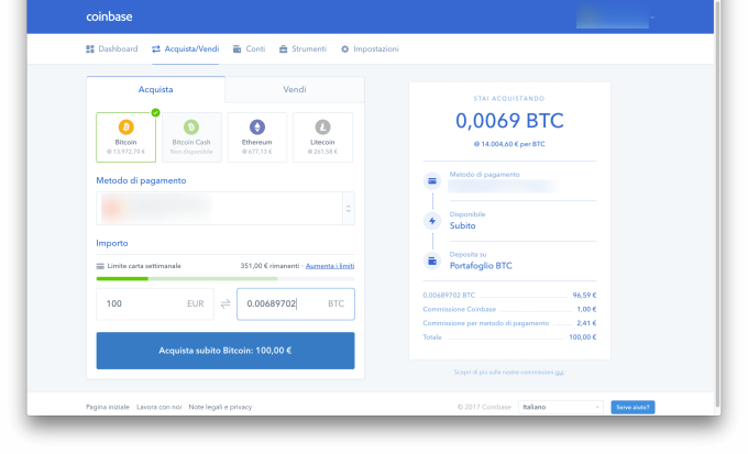 Coinbase seleziona importo