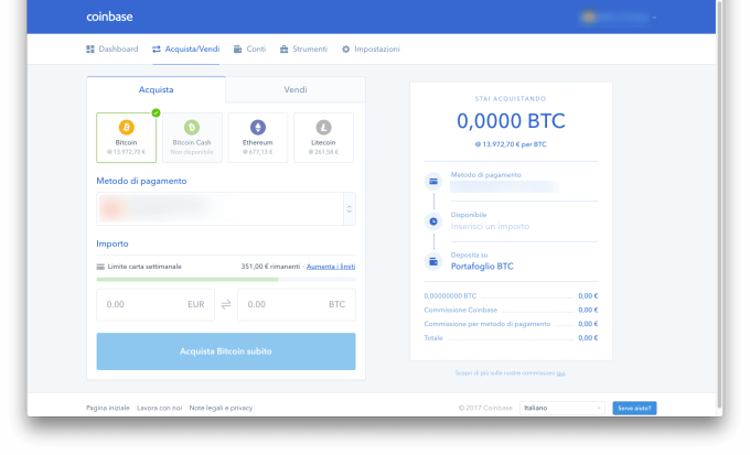 Coinbase Acquisto bitcoin