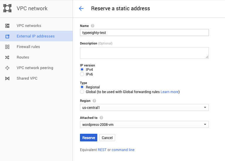 Google Cloud IP address config - TypeEighty