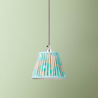 7 inch pendant lamp shade in koyari ikat turquoise and ecru silk