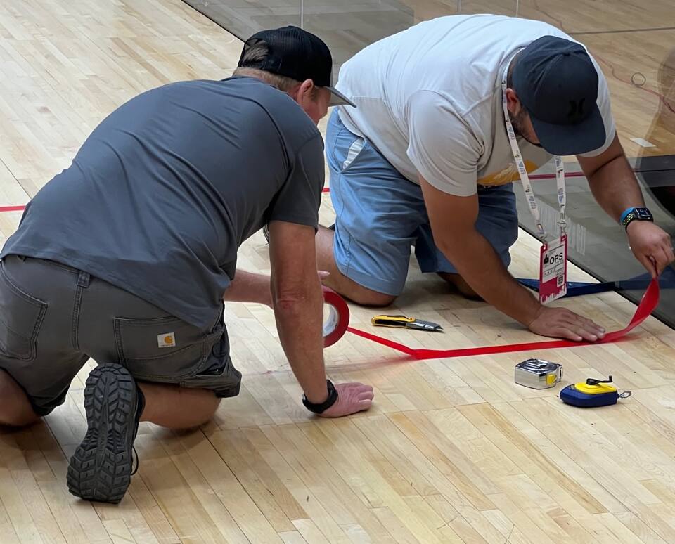 Finishing touches on the portable court