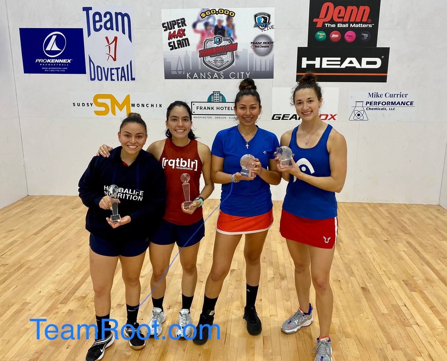 Women's Doubles finalists Maria Renee Rodriguez, Gaby Martinex, Alexandra Herrera, and Erika Manilla at the TeamRoot.com SuperMax Slam