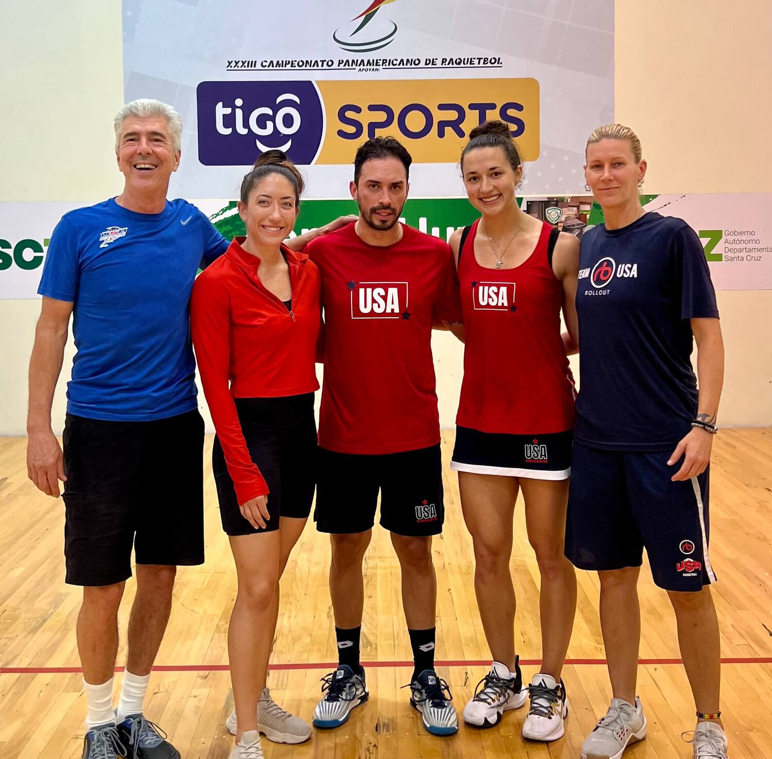 Coach Jim Durham, Kelani Lawrence, Alex Landa, Erika Manilla, and Rhonda Rajsich at the XXXIII Pan American Racquetball Championships