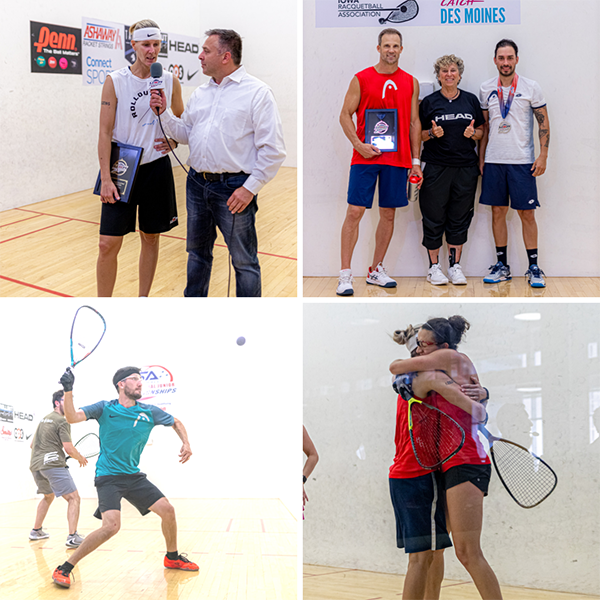 Four picture of national champions on the racquetball court.