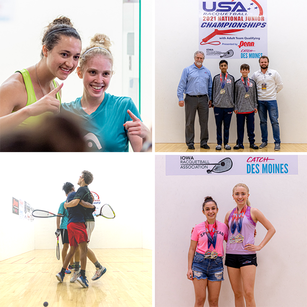 Four picture collage of junior champions on a racquetball court.