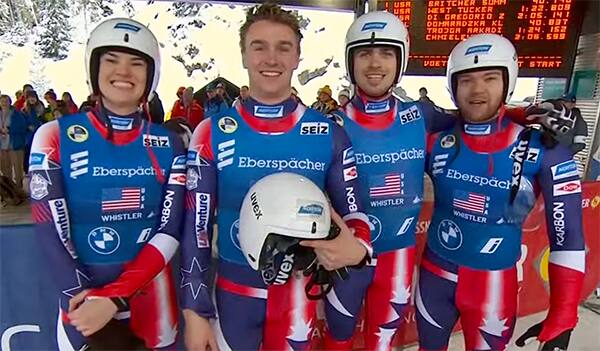 The USA Luge relay team of Summer Britcher, Tucker West, Zack DiGregorio and Sean Hollander